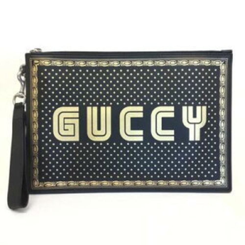 GUCCI Clutch Bag GUCCY Leather Black
